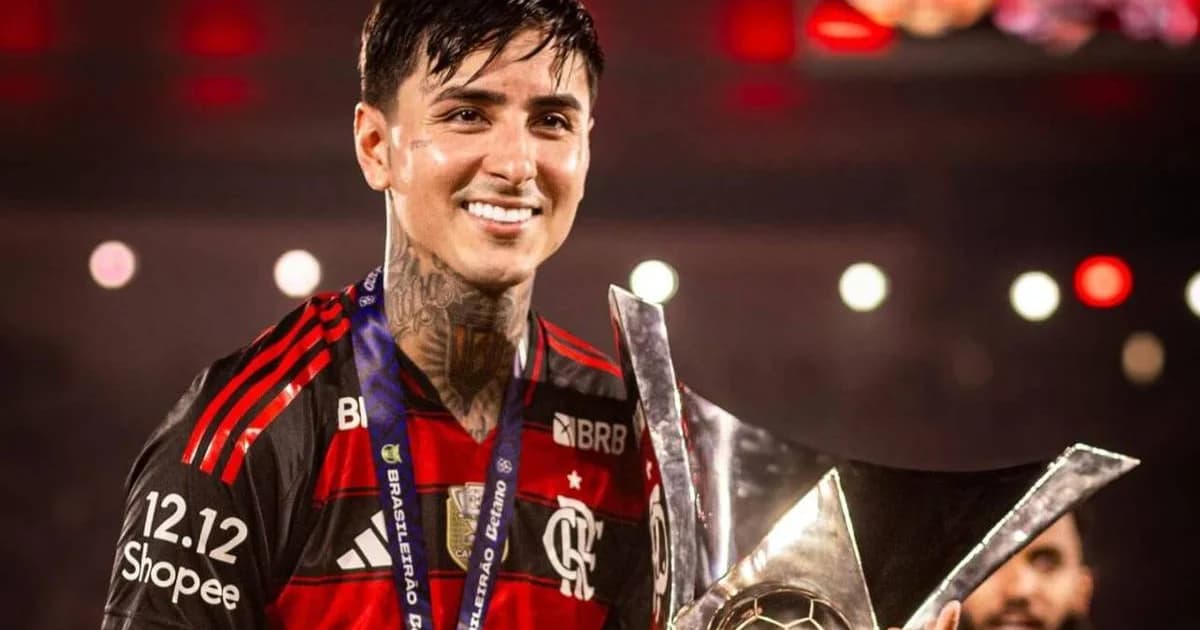 Ilustração editorial: estádio do Flamengo em festa, silhueta de volante e faixa 'Contrato até 2028' com 'Multa R$20M'.