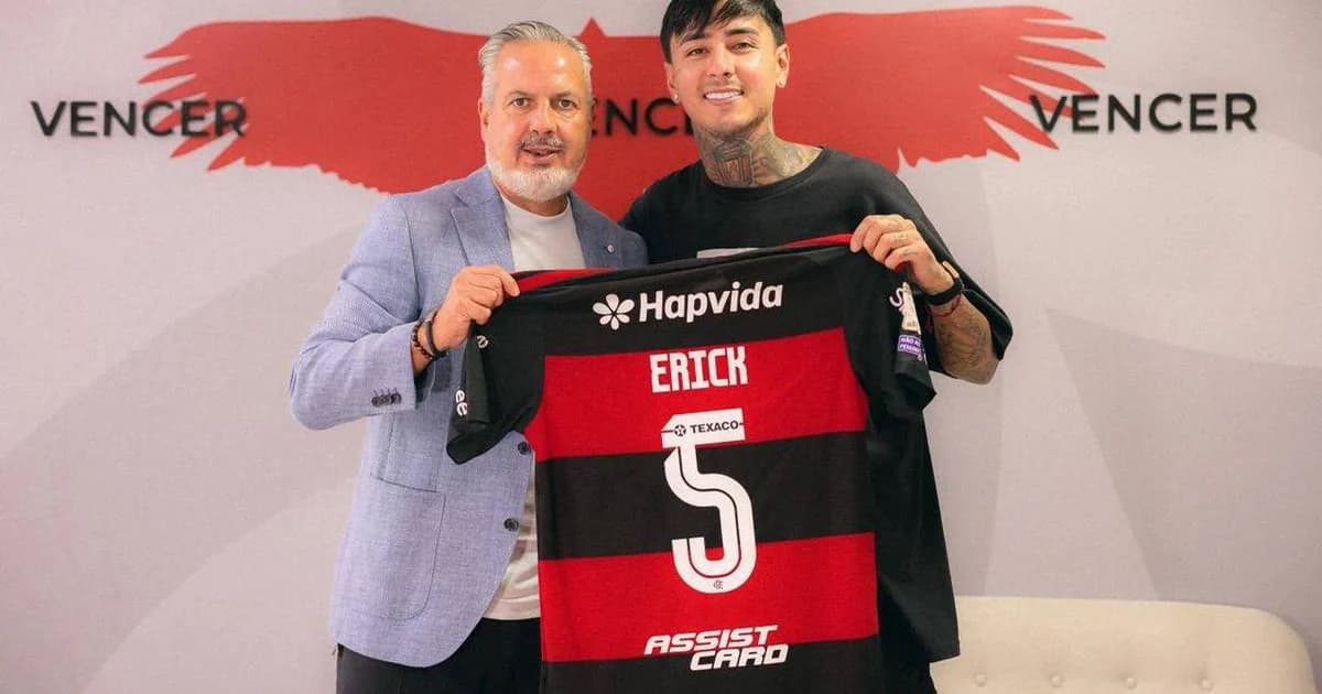 Ilustração editorial: volante chileno renovando contrato no estádio, torcida em vermelho e preto celebra, clima de conquista.