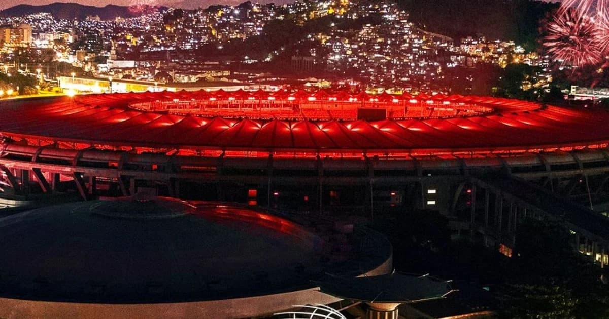 Ilustração editorial do Maracanã ao entardecer: contrato rasgado, moedas caindo e gráficos descendentes simbolizando risco financeiro do Flamengo.