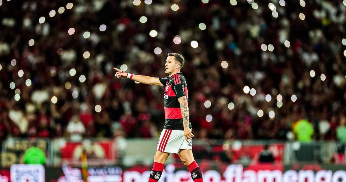 Ilustração no Maracanã à noite: jogador do Flamengo em dúvida na lateral, torcida ao fundo; clima tenso de Copa Libertadores