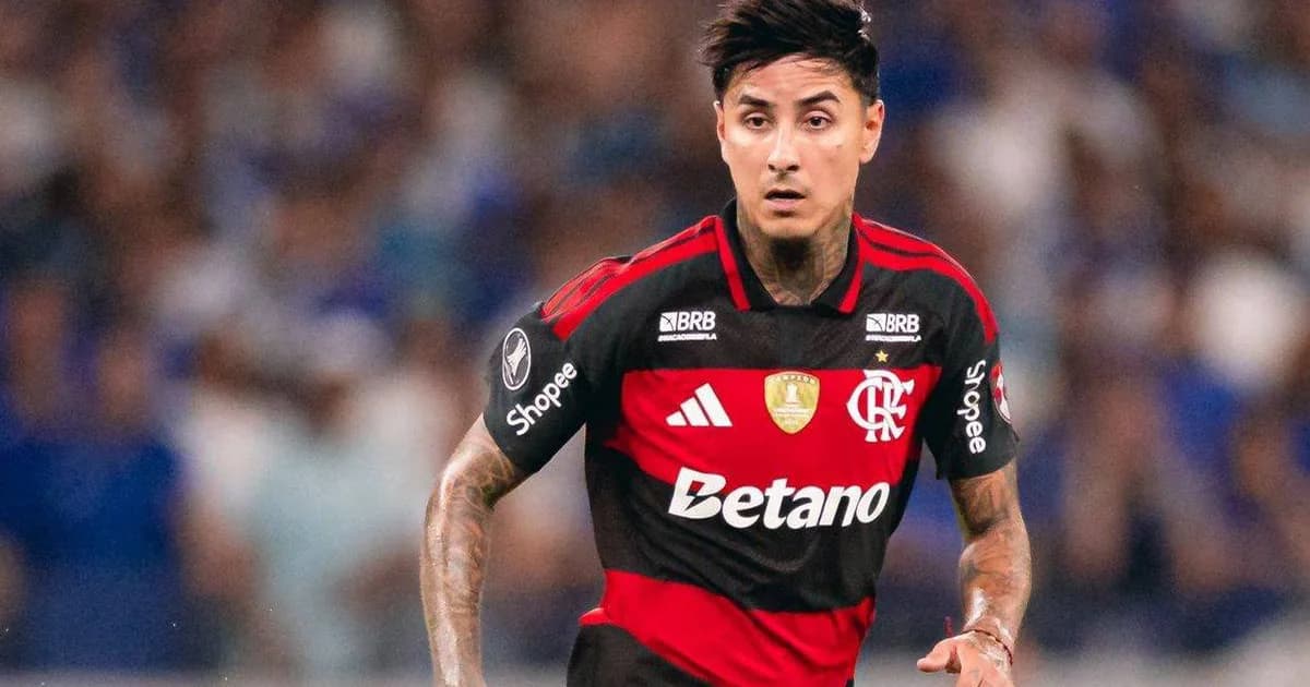 Ilustração editorial: volante do Flamengo em ação no estádio e contrato de renovação até 2028, torcida em vermelho e preto