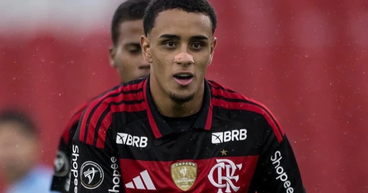Ilustração editorial: jovem atacante de costas no estádio, papéis de contrato no banco, tensão sobre renovação com o Flamengo.