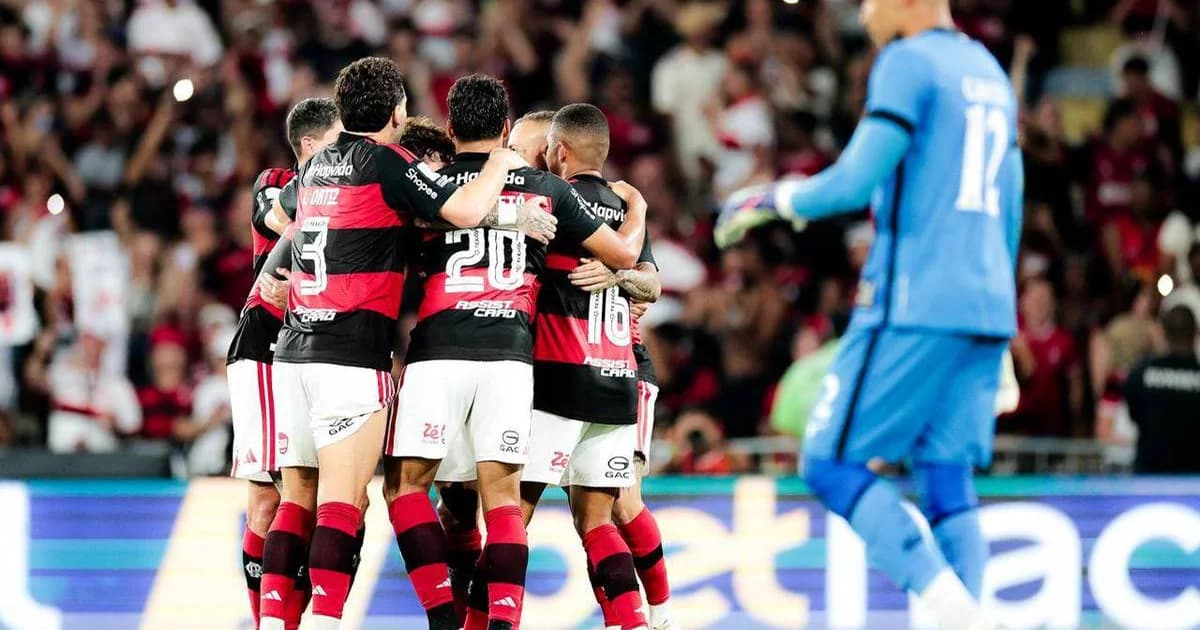 Ilustração editorial do Maracanã: vitória do Flamengo por 3 a 0 sobre Botafogo, jogadores celebram, torcida em vermelho e preto.