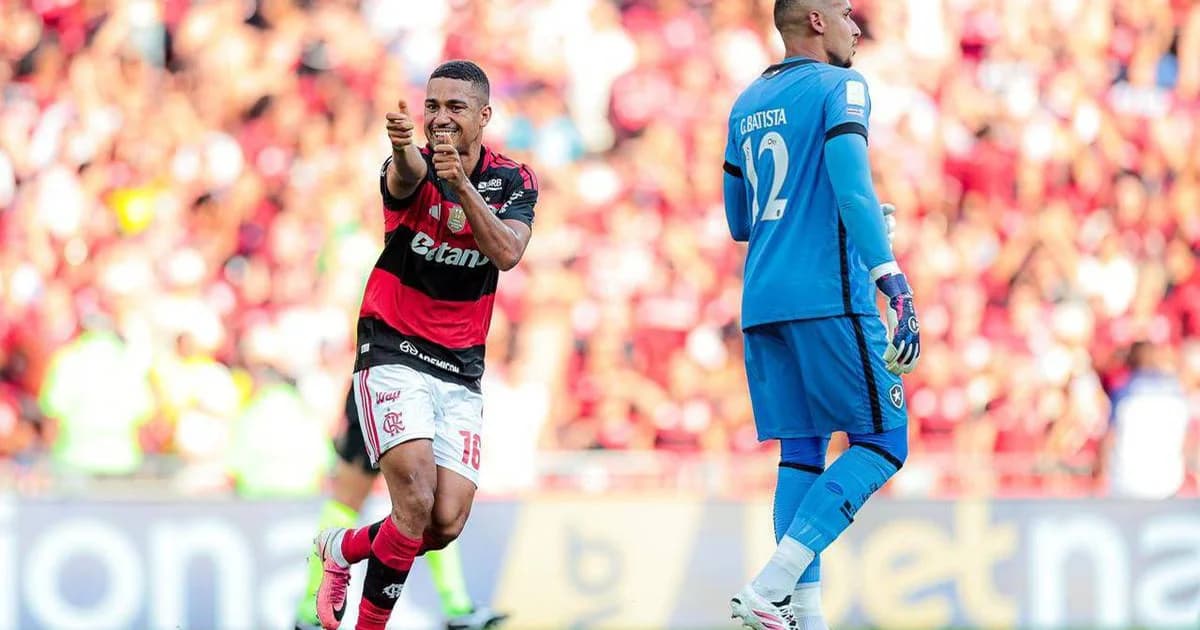 Ilustração: vitória do Flamengo por 3 a 0 no Maracanã, torcida rubro-negra em festa, estádio lotado e jogadores celebrando.