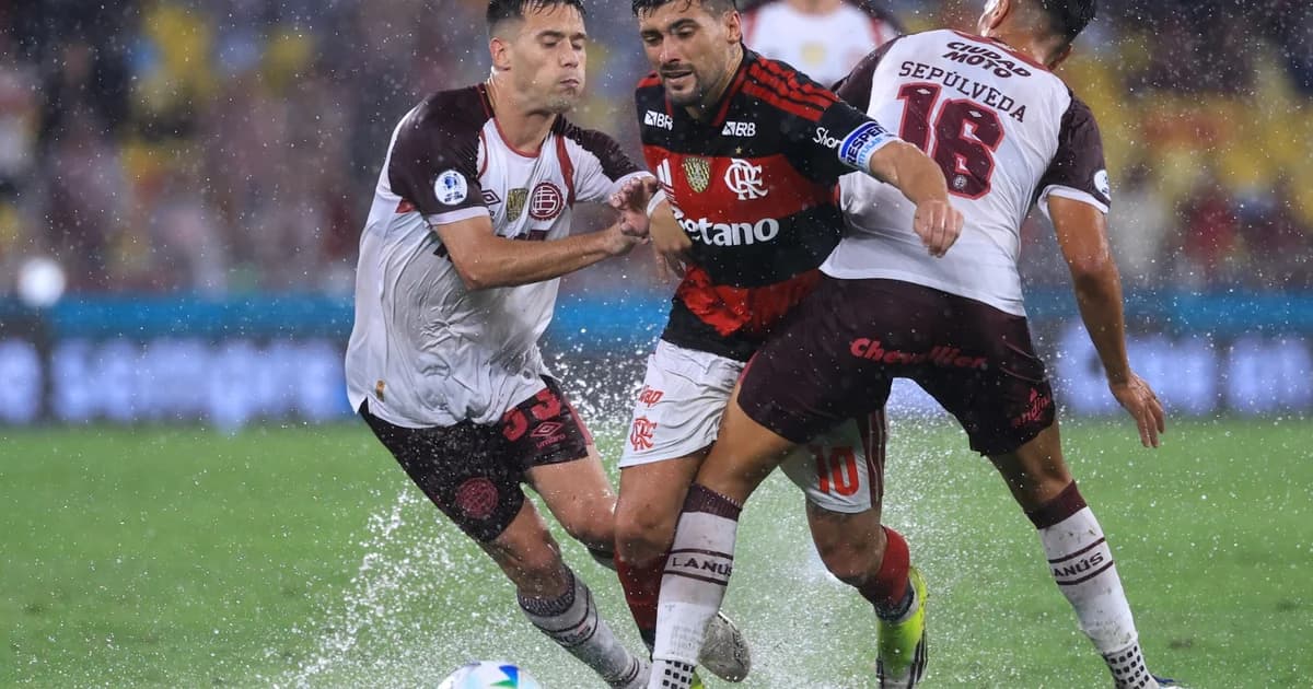 Ilustração do Maracanã: jogadores em vermelho e preto e torcida em choque após vice na Recopa, placar apertado 2-3.