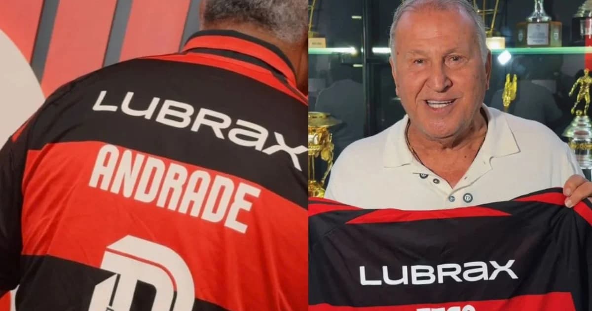 Costas de jogador com patch de patrocinador referência Lubrax no manto rubro-negro, estádio lotado e bandeiras 1984/2026.