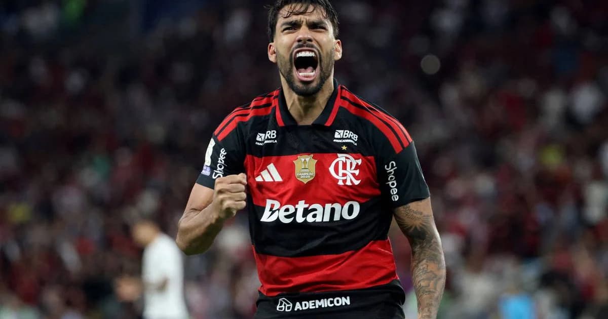 Torcida em estádio vibrando; jogador sem rosto em destaque e telão com enquete mostrando Lucas Paquetá favorito para substituir Arrascaeta.