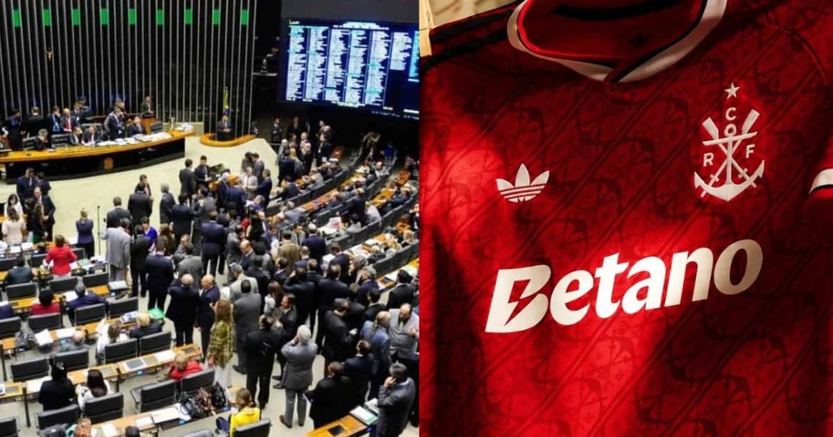 Estádio com torcida em vermelho e preto, bola e ícones de apostas digitais cortados por símbolo de proibição — MP das Bets, impacto no Flamengo