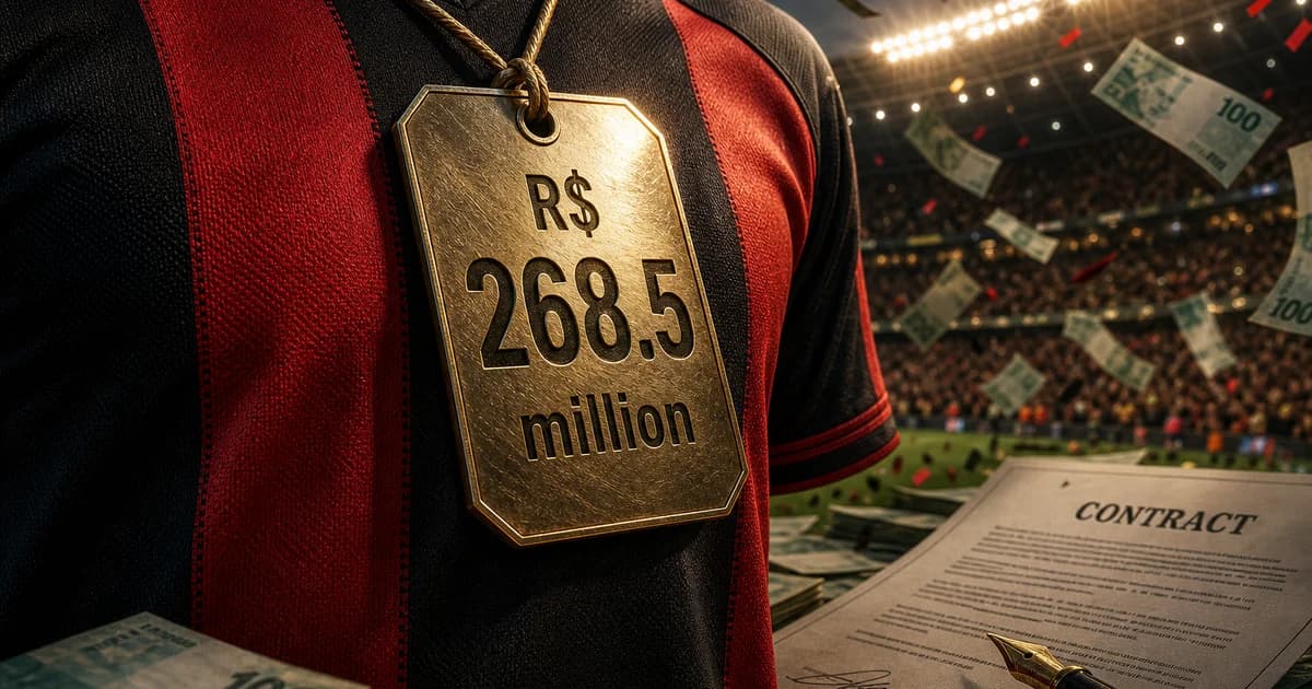 Close do peito de uma camisa de futebol vermelho e preto com etiqueta 'R$ 268,5 milhões', estádio ao fundo, símbolo de patrocínio