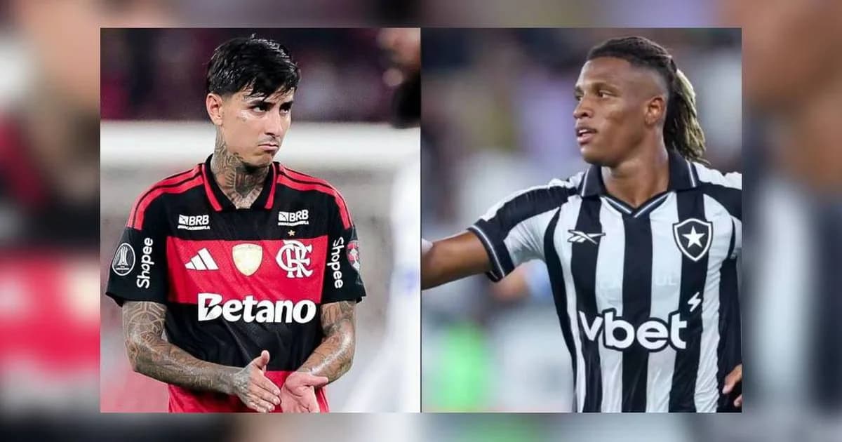 Ilustração editorial: clássico carioca, dois zagueiros disputam cabeçada, torcida vermelho e preto x preto e branco, estádio iluminado, tensão do Brasileirão
