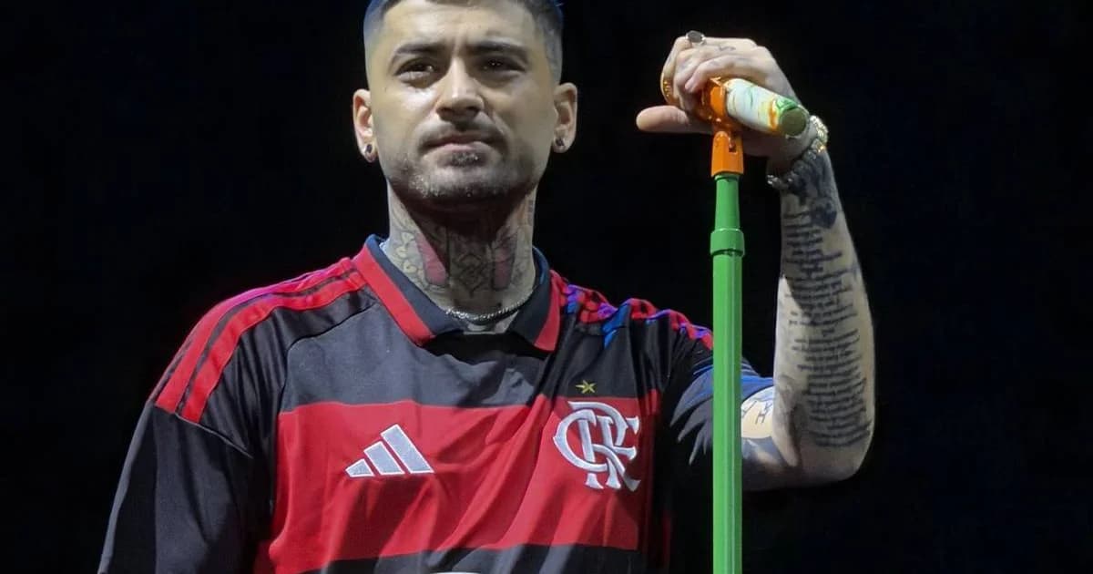 Cantor em show em São Paulo trocando camisa rubro-negra por camisa verde; público dividido reage com celulares e bandeiras.