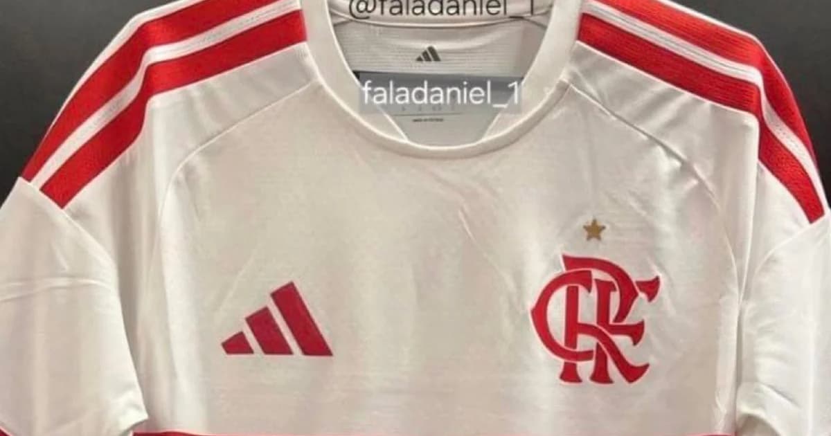 Ilustração editorial: camisa 2 branca do Flamengo com três listras vermelhas nos ombros e listras rubro-negras no peito, estádio ao fundo