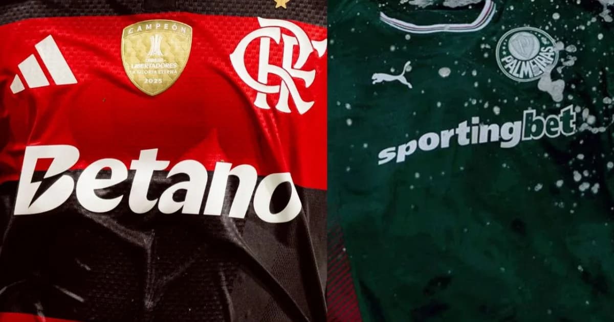 Duas camisas (Flamengo vermelho-preto e Palmeiras verde-branco) sobre balança comercial, pilhas de dinheiro e estádio ao fundo