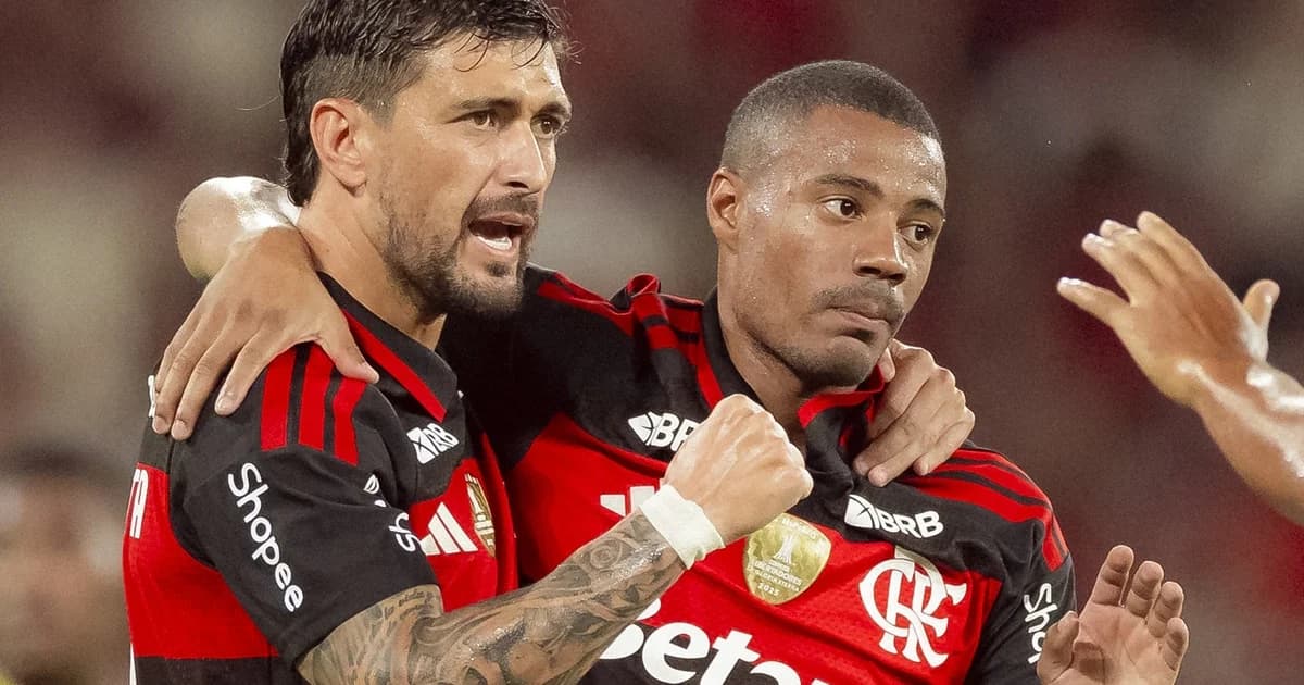 Torcida no Maracanã celebra vitória do Flamengo 3x0 na semifinal; jogadores genéricos comemoram, placar 3x0 em destaque.
