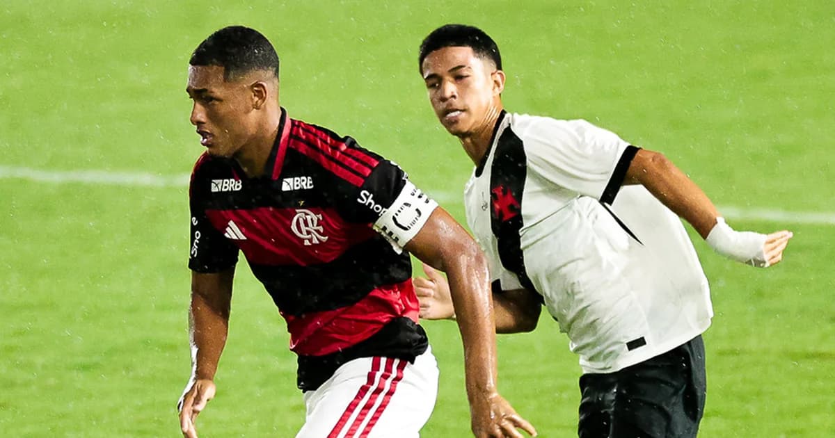 Ilustração editorial: jogo Sub-20 com time rubro-negro sofrendo goleada, expulsões e torcida dividida no estádio, placar 4 a 1.