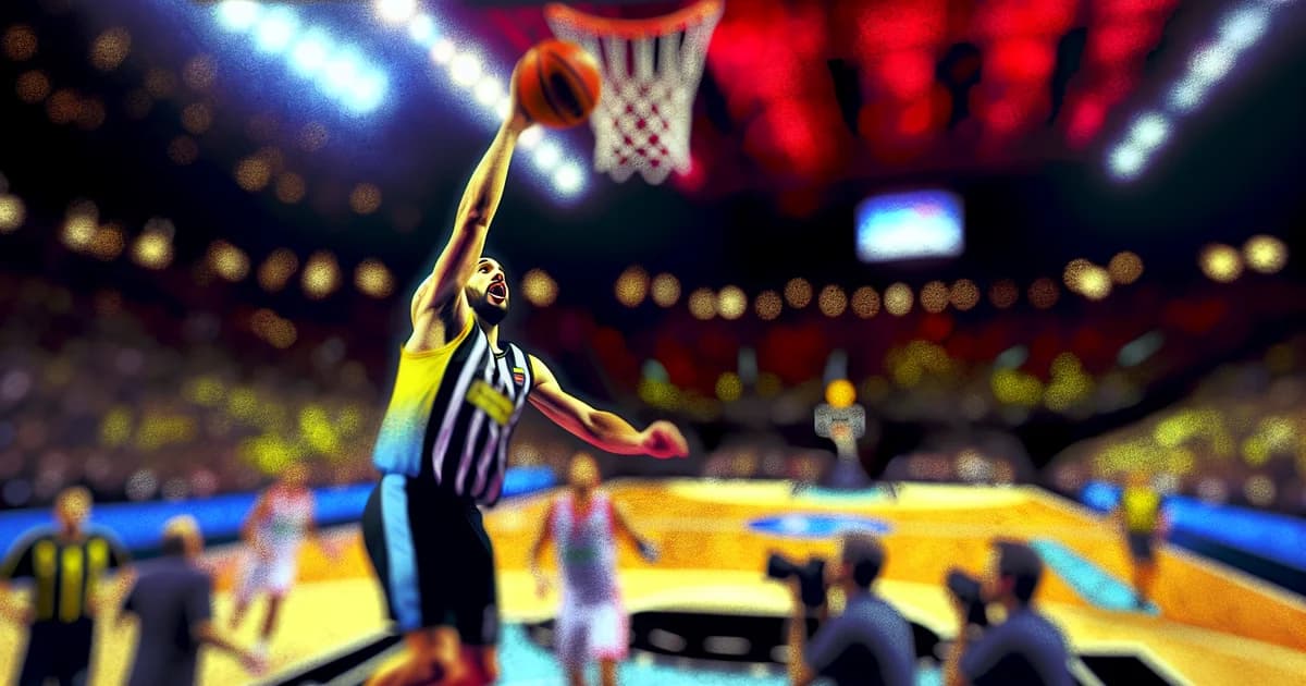 Ilustração editorial de basquete: ala-pivô argentino sem rosto executa enterrada no Maracanãzinho, torcida em vermelho e preto, clima de BCLA.