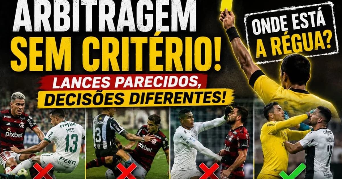 Ilustração editorial: comparação lado a lado de lances de futebol, árbitro, tela de VAR e cartão vermelho em estádio; debate sobre arbitragem e Flamengo