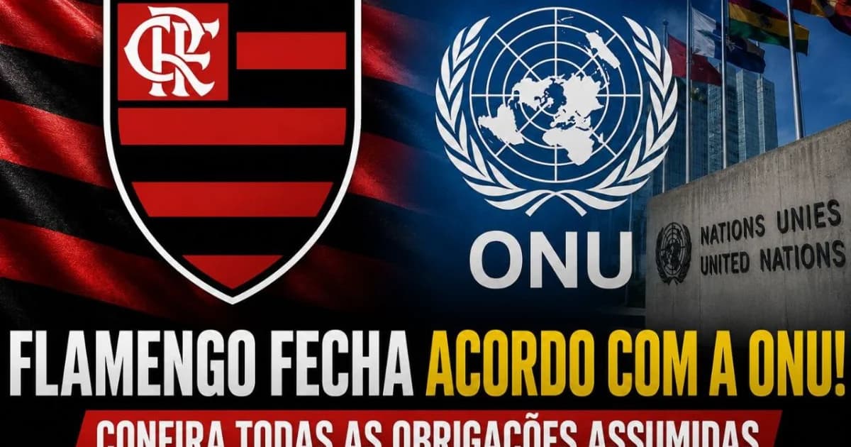 Ilustração editorial de estádio com cores do Flamengo, mosaico colorido dos ODS da ONU, jogadores anônimos e ícones de sustentabilidade.