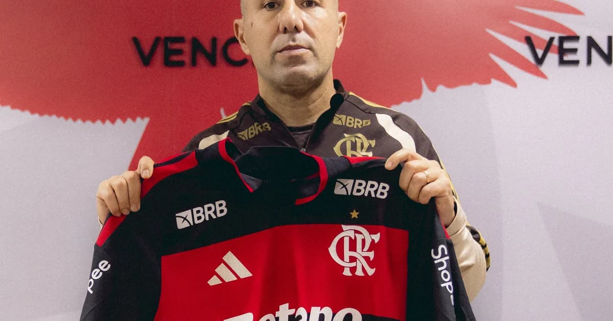 Ilustração do Ninho do Urubu: técnico português anônimo em treino tenso, jogadores em movimento, clima de tensão e cores vermelho e preto.