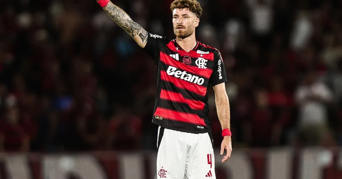Ilustração de confusão em campo após jogo Flamengo x Palmeiras: cartão vermelho, jogadores em confronto e torcida ao fundo