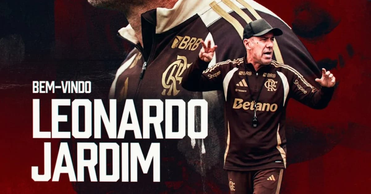 Ilustração editorial: novo treinador do Flamengo chegando ao CT, jogadores treinando ao fundo, tons vermelho e preto.