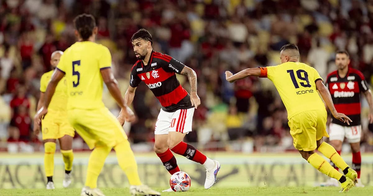 Ilustração editorial: estádio do Carioca, vitória de 3x0 do Flamengo com torcida mista e clima de preocupação