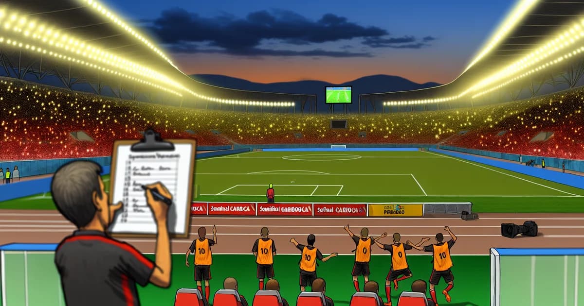 Estádio iluminado, torcida em vermelho e preto, Flamengo escalando time alternativo em aquecimento para semifinal do Carioca.