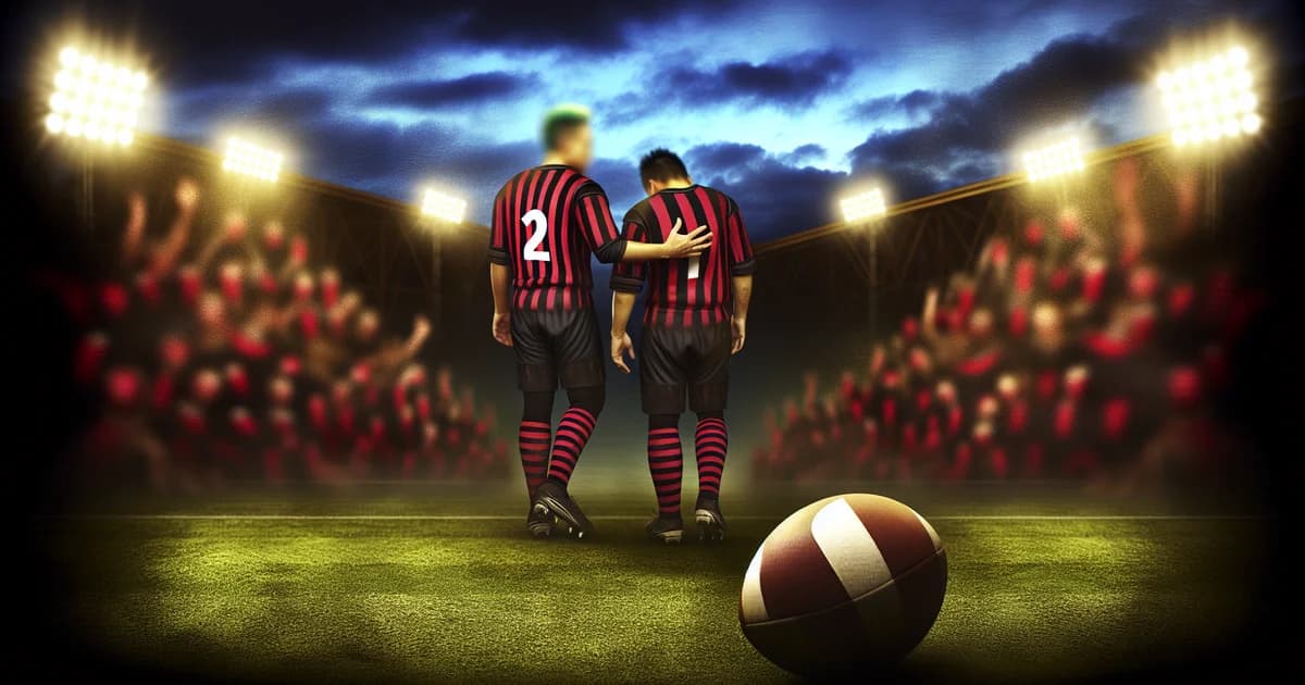 Ilustração editorial: jogador veterano apoia jovem no gramado, estádio em tons vermelho e preto, clima de tensão e esperança de recuperação.