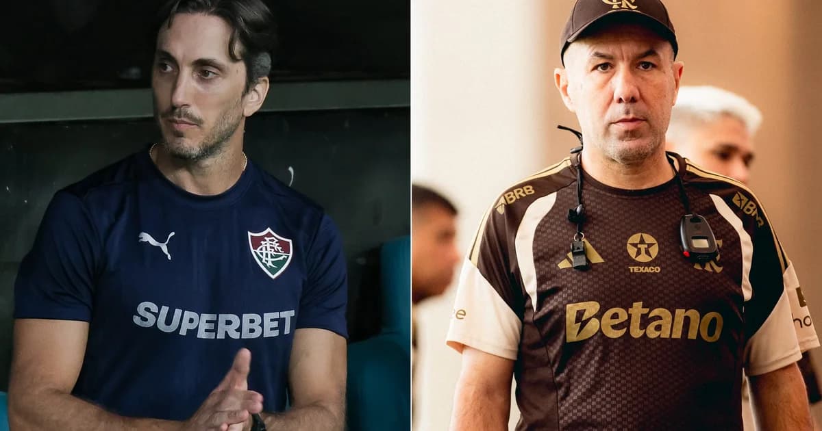 Maracanã lotado no clássico decisivo, torcida dividida em vermelho/preto e verde/branco, jogadores anônimos disputando bola às 18h.