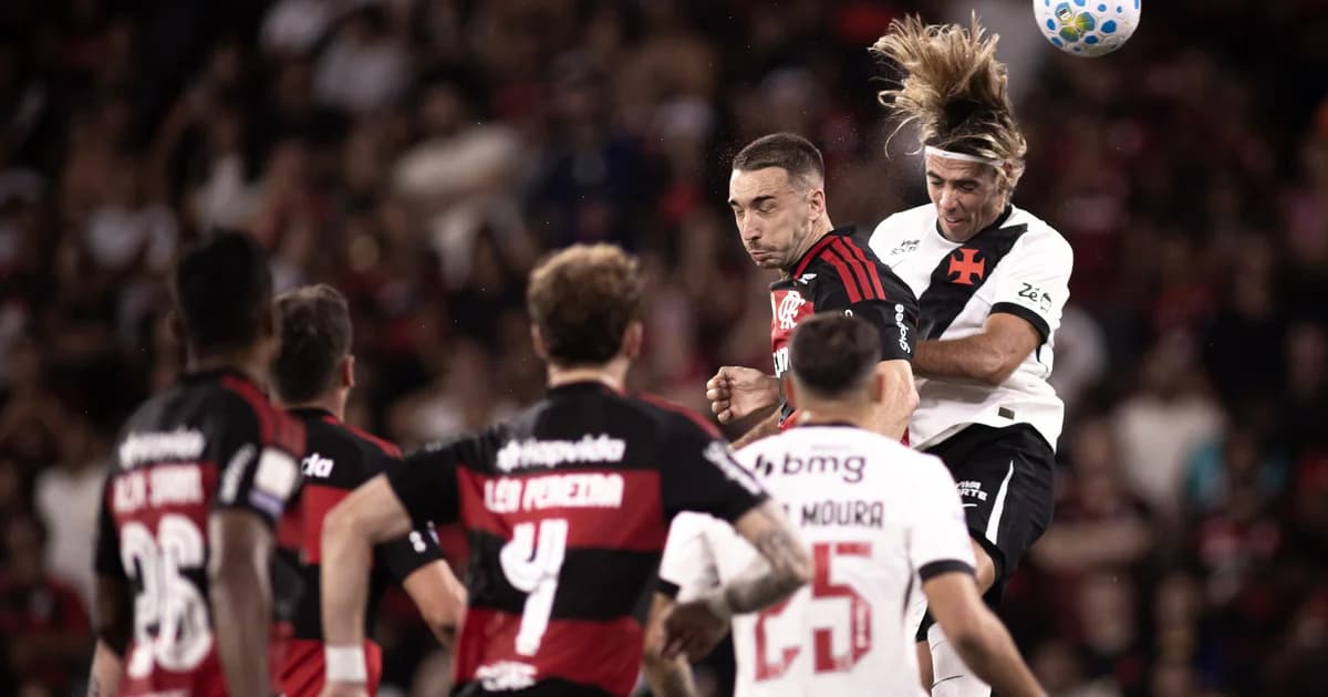 Ilustração editorial do clássico Flamengo x Vasco 2 a 2: disputa aérea, setas táticas, torcida e estádio em tensão
