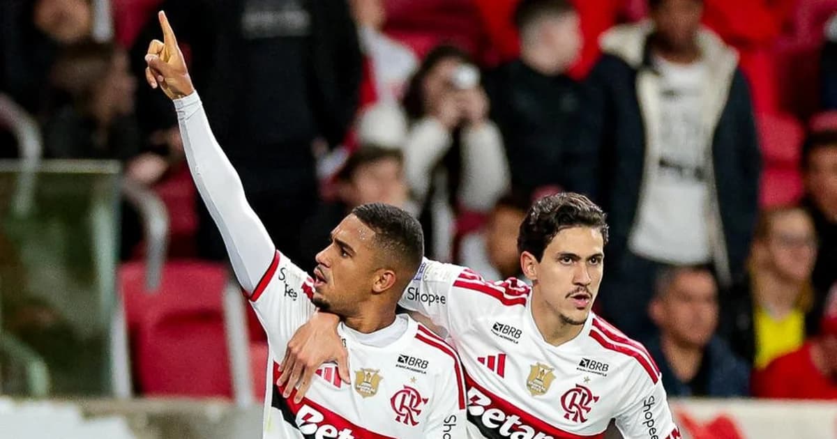 Ilustração editorial do Beira-Rio ao anoitecer: jogadores sem rostos em lance de empate 1-1; Rubro-Negro alcança 39 pontos no Brasileiro.