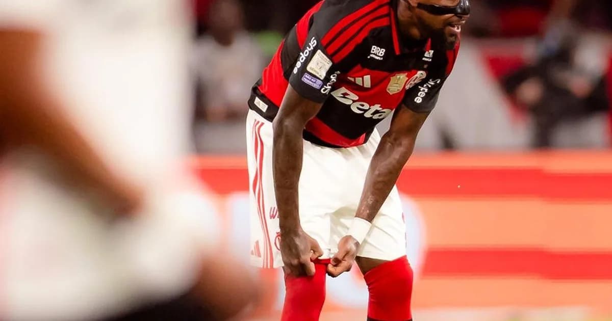 Ilustração editorial: jogo termina 1 a 1, Flamengo em vermelho e preto pressionando, estádio lotado e torcida animada.