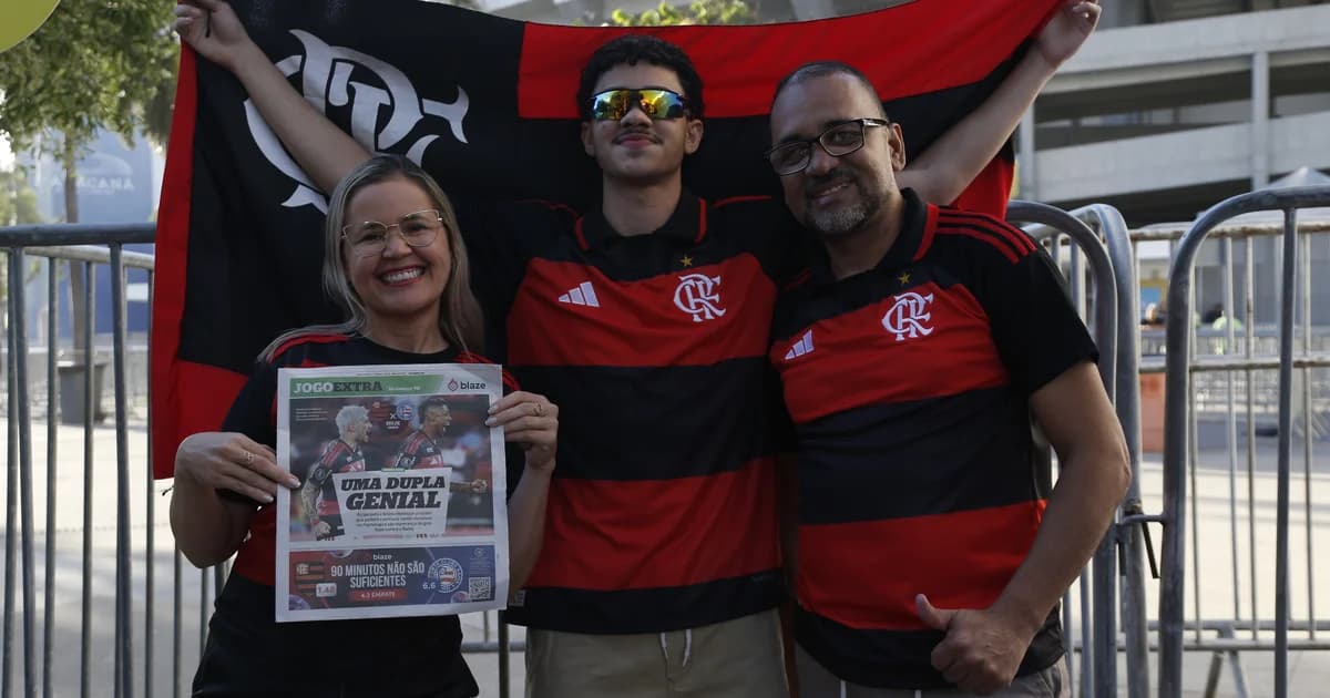 Ilustração editorial do Maracanã lotado, torcida de Flamengo e Bahia, placar 20x20, clima de decisão pelo Brasileiro
