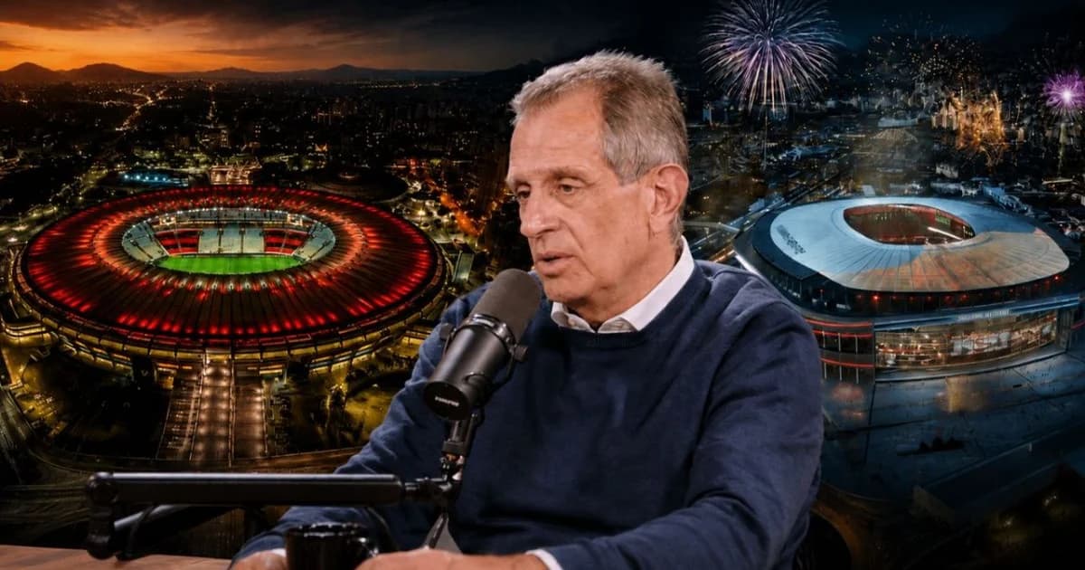 Ilustração editorial: canteiro do futuro estádio do Flamengo à beira do rio, estrutura inacabada, guindastes e torcedores aguardando atraso