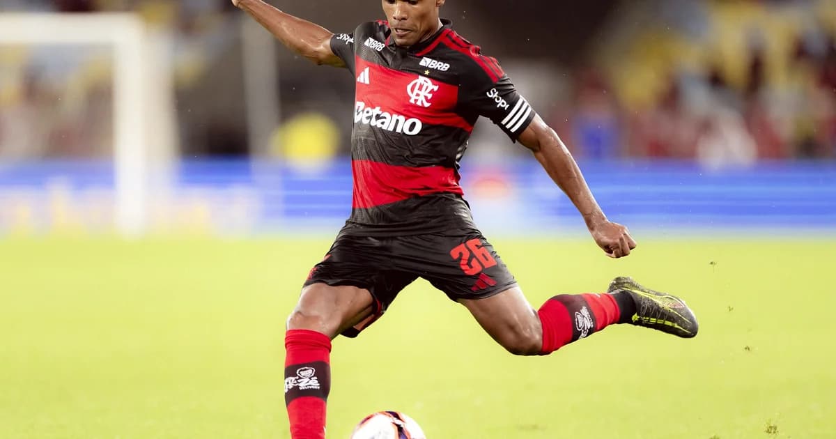 Ilustração editorial: quatro jogadores sem rosto no gramado, contratos flutuando e clima de incerteza no estádio do Flamengo.