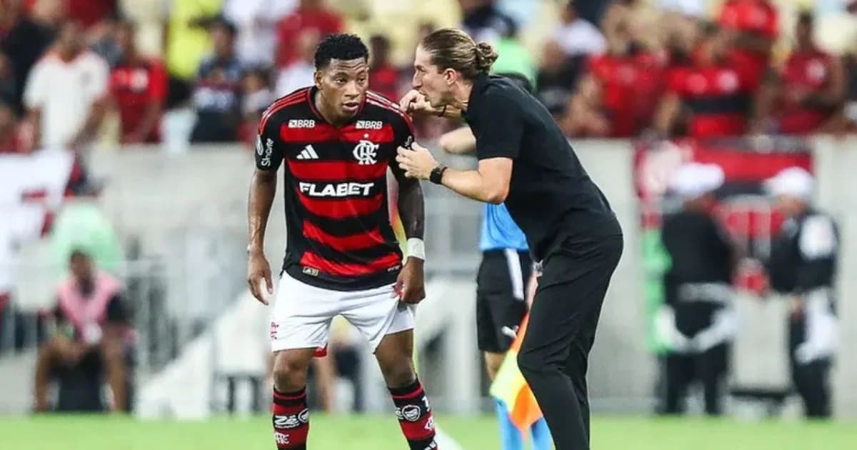 Ilustração editorial: estádio tenso, jogador de costas em uniforme vermelho e preto; dirigentes observam. Tema: indisciplina e gestão do Flamengo.