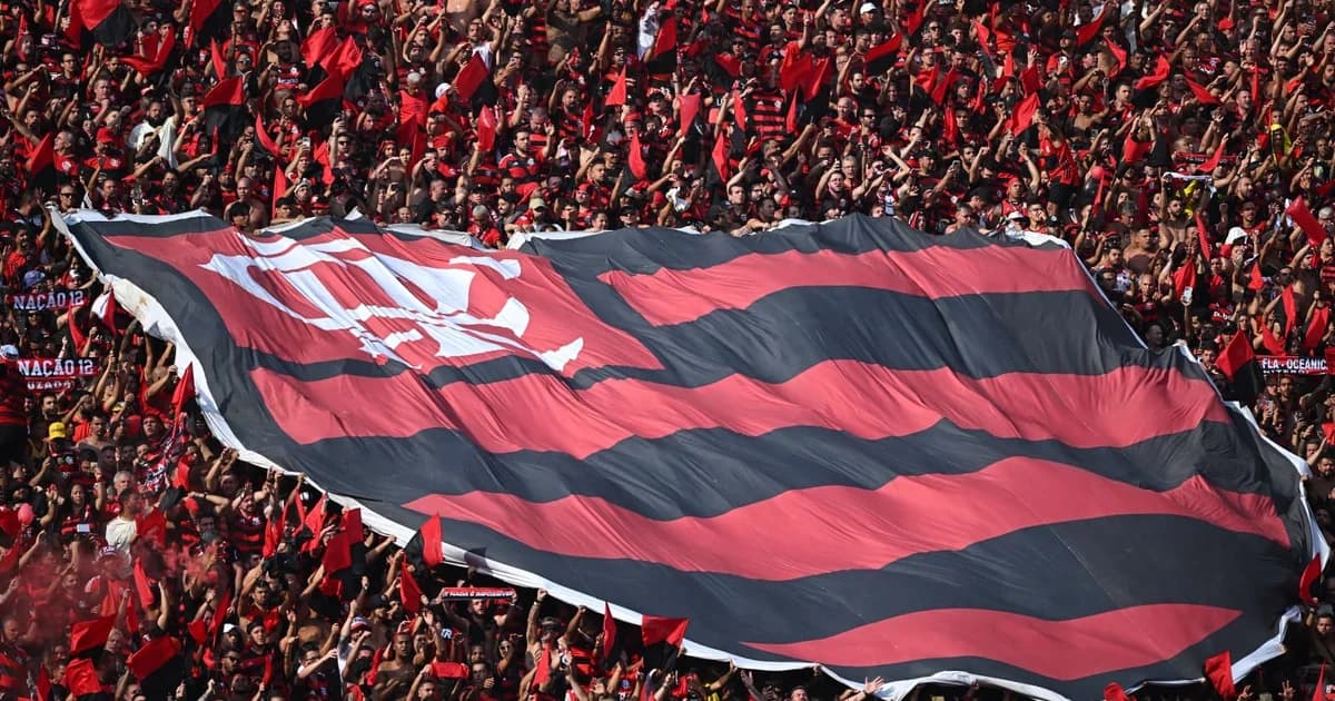 Ilustração editorial de estádio quase esgotado, Setor Sul com últimos ingressos, torcida em vermelho e preto, filas e atmosfera de expectativa.