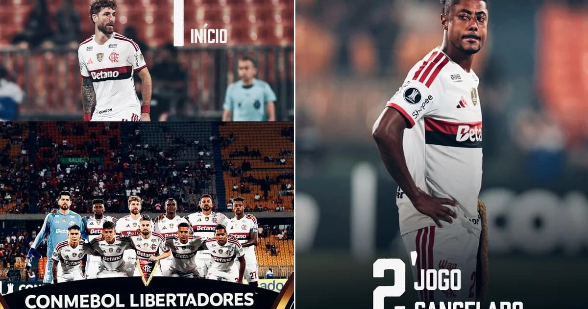 Ilustração de estádio em Medellín com jogo do Flamengo interrompido por protestos, fumaça e placar indicando jogo cancelado e possível W.O.