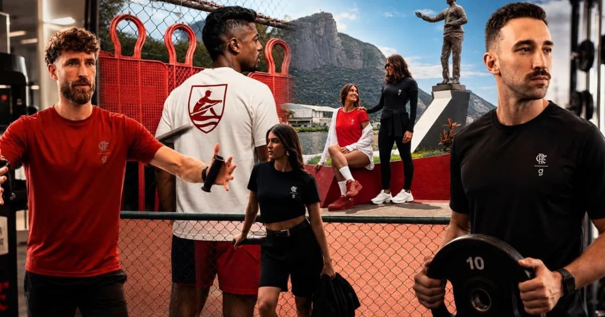 Vitrine minimalista da coleção Gávea em corredor de estádio ao pôr do sol, atmosfera premium, cores vermelho, preto e dourado