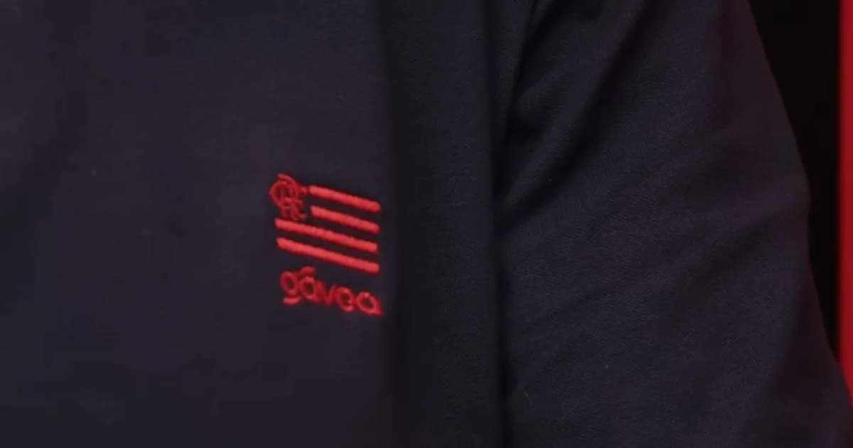 Ilustração do lançamento 'Gávea' no estádio: pop-up de moda casual vermelho e preto, manequins, público e atmosfera de lançamento