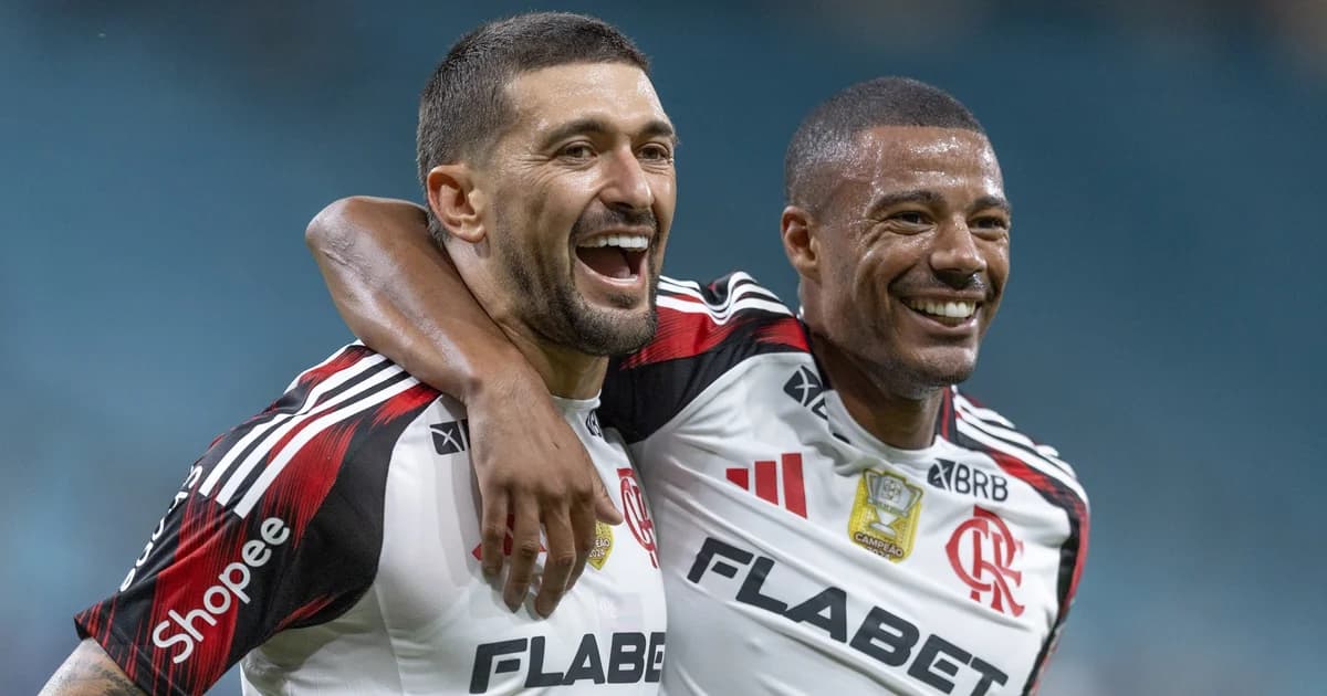 Ilustração do Maracanã com dez camisas vazias no banco e silhuetas de jogadores saindo para seleções — desfalques do Flamengo.