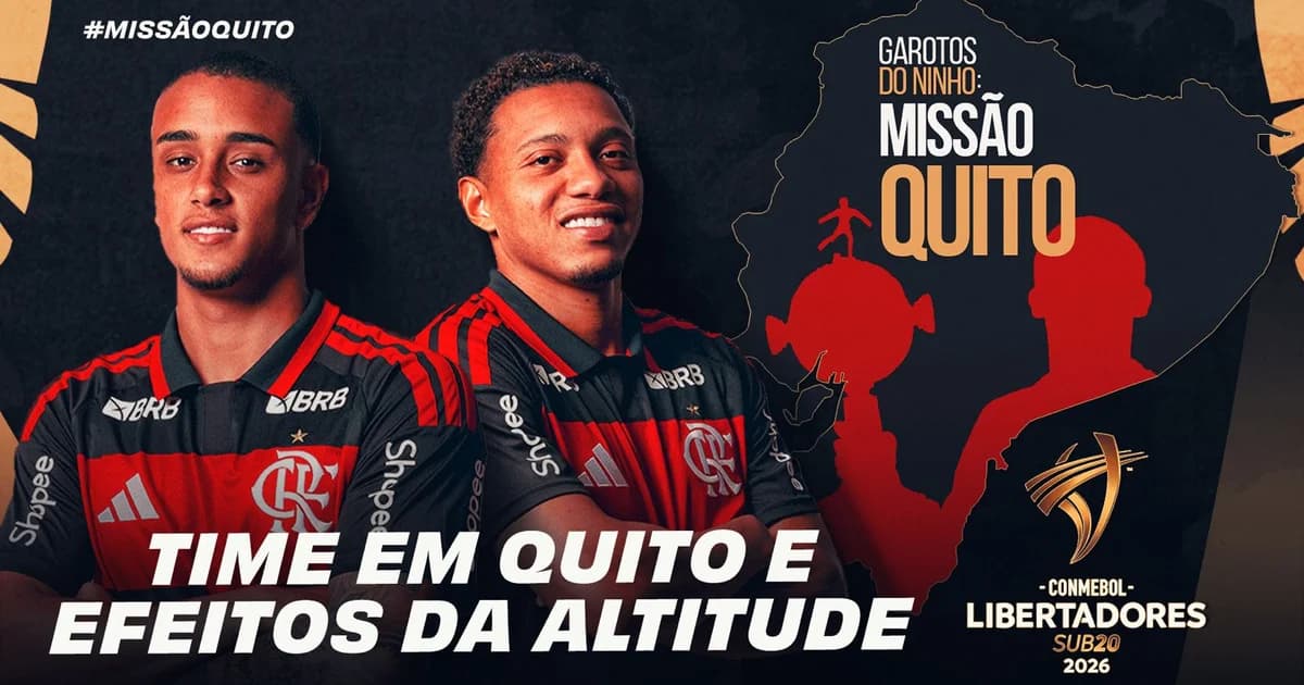 Ilustração editorial de transmissão da Libertadores Sub-20 em Quito: câmera em primeiro plano, partida em ação e torcida com faixas rubro-negras.