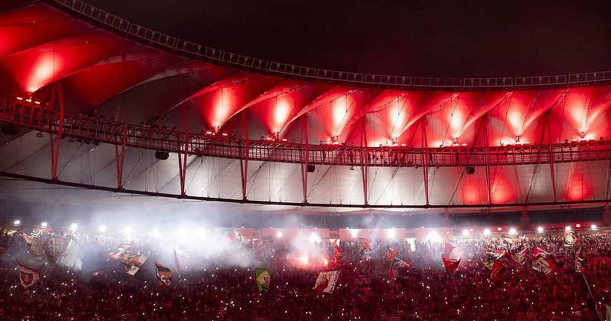 Ilustração editorial de estádio lotado com torcida do Flamengo em vermelho e preto, jogadores celebrando gol e atmosfera vibrante.