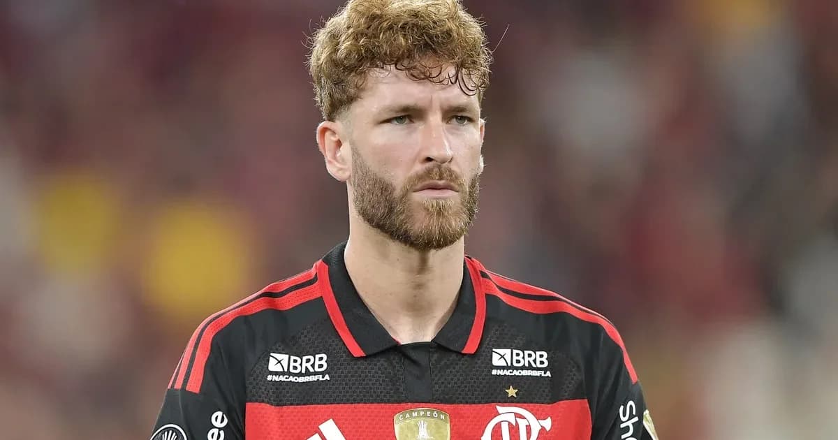 Ilustração editorial: zagueiro simbólico com contrato e calendário 2026 em estádio, renovação do Flamengo após a Copa do Mundo.