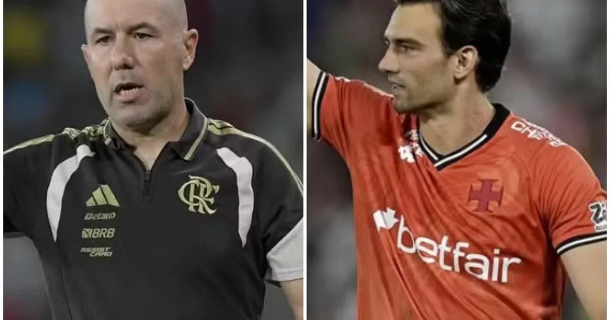 Ilustração do Maracanã ao entardecer: goleiro salva bola no ar, técnico observa na lateral e torcidas divididas em vermelho-preto e preto-branco