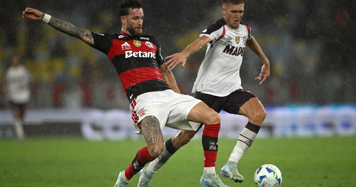Ilustração editorial do Maracanã: partida da Recopa, jogadores silhuetados, placar 3–2, torcida em vermelho e marrom, atmosfera tensa