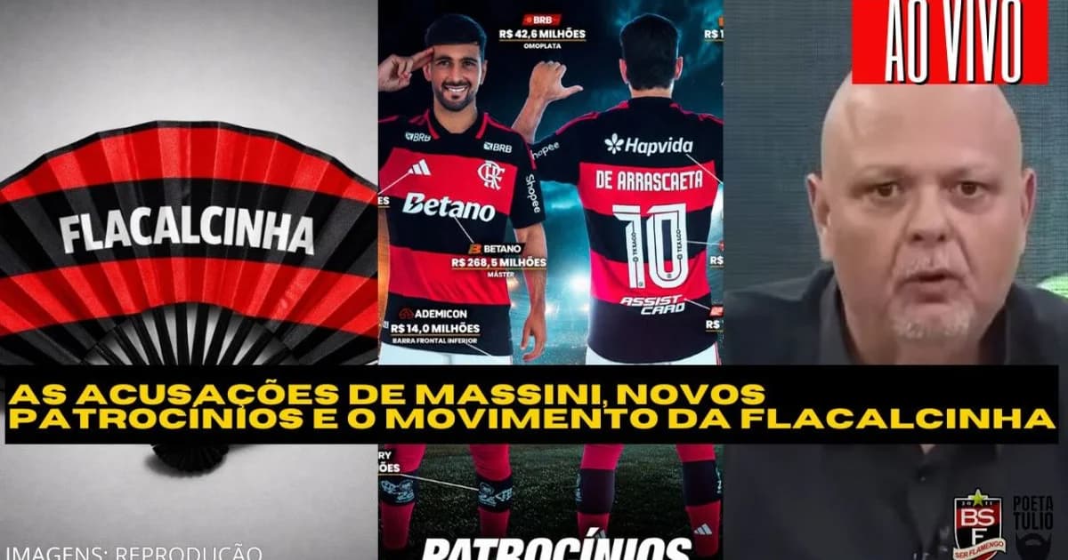 Ilustração do Flamengo: estádio ao entardecer em tons vermelho e preto, torcida feminina com faixas, cartazes de protesto e painéis de patrocínio.