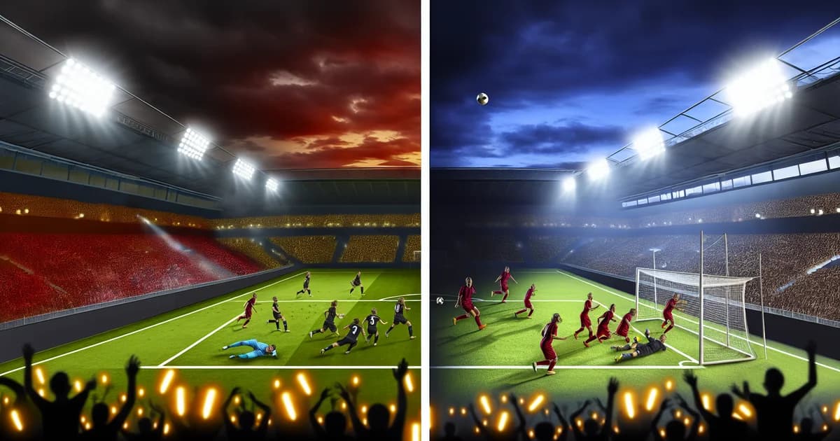 Ilustração editorial: estádio com defesa em crise do Flamengo e torcida apreensiva; à direita, time feminino celebra vitória sob confetes.