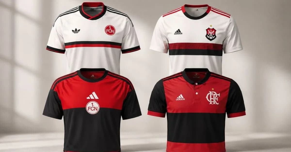 Ilustração editorial de duas camisas semelhantes — uma rubro-negra e outra branca com blocos vermelhos — em túnel de estádio, destacando similaridade de uniformes.