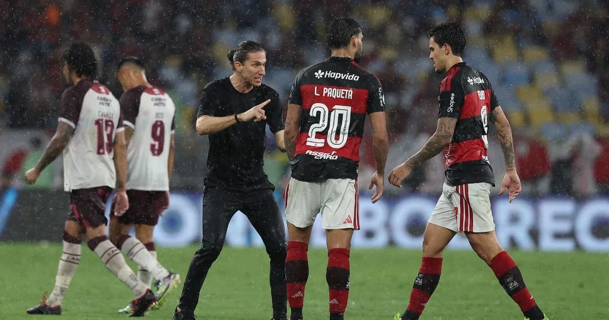 Ilustração editorial no Maracanã: jogadores do Flamengo de vermelho e preto cabisbaixos e jornal espanhol com manchete 'falta de ideias'.